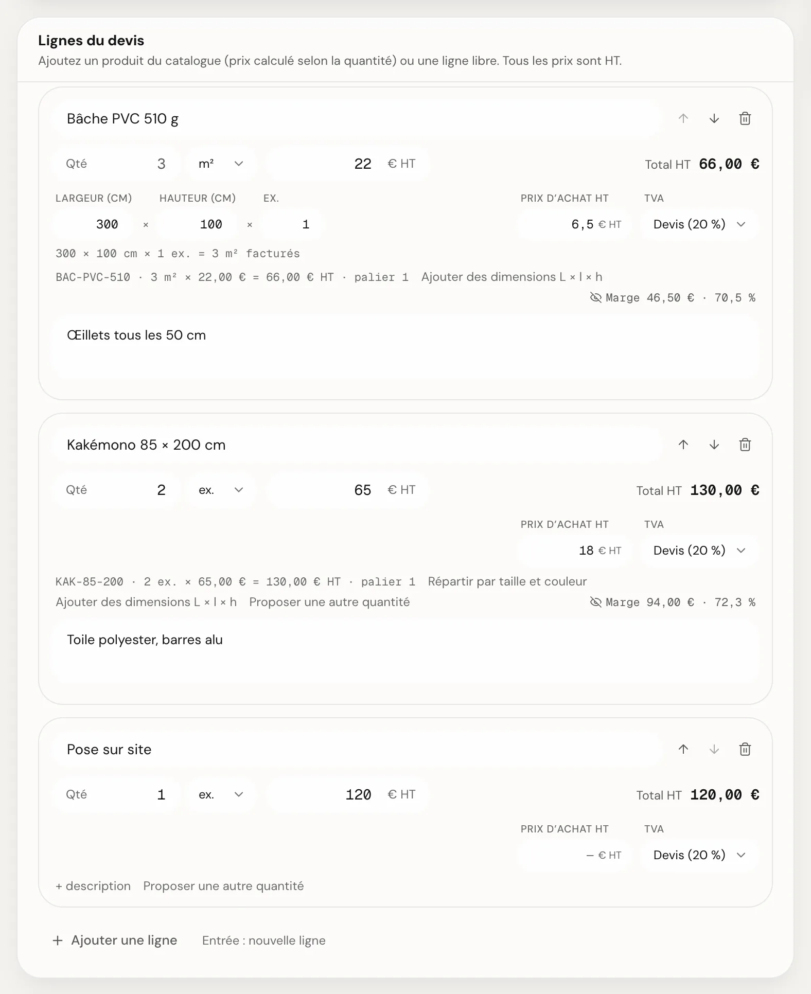 Lignes du devis : champ « Prix d’achat HT » sous chaque ligne et marge de la ligne à droite