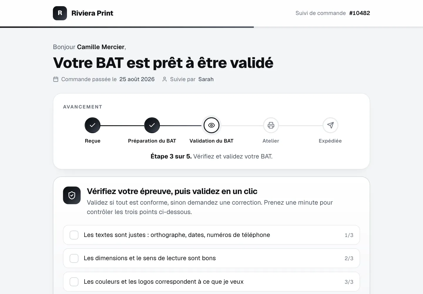Portail client aux couleurs de l’atelier : avancement de la commande et trois points de contrôle avant de valider le BAT