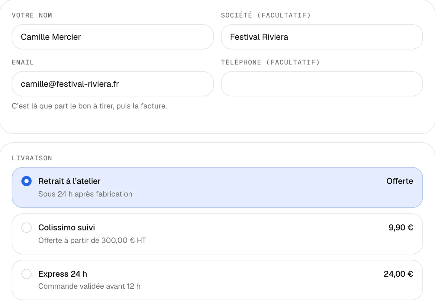 Commande dans la boutique de l’atelier : coordonnées du client et choix entre retrait à l’atelier, Colissimo suivi et express