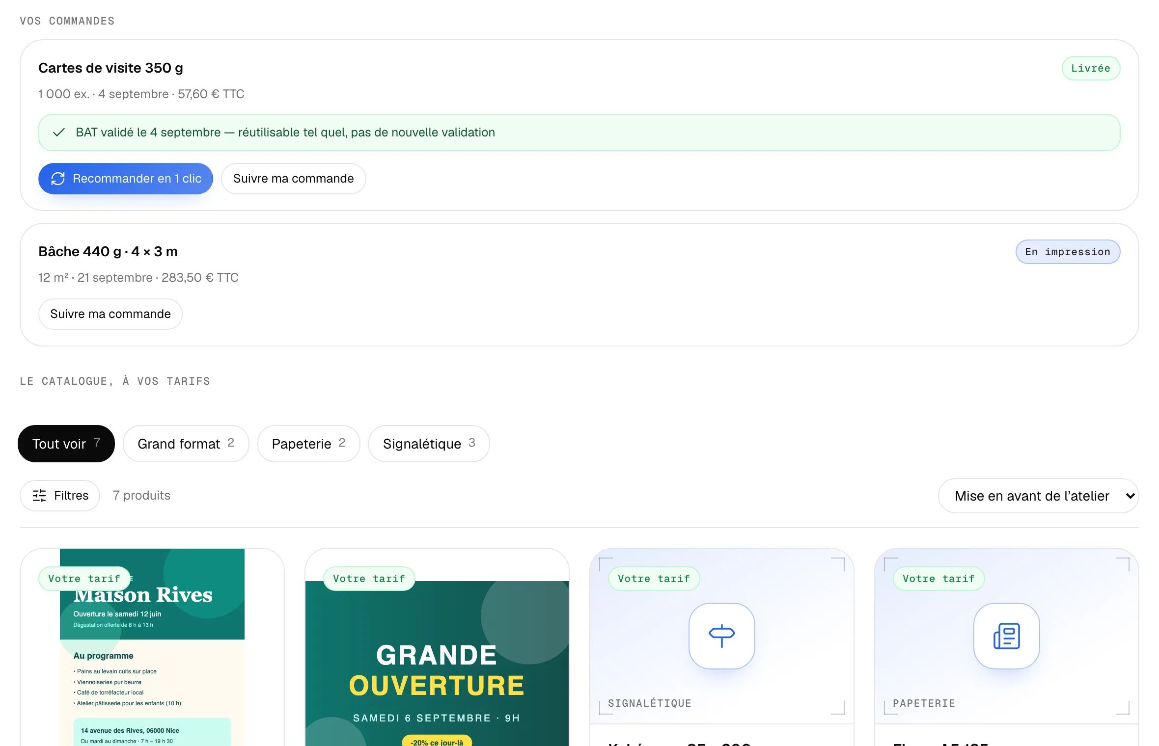 Boutique d’une imprimerie ouverte avec le lien personnel d’un client (données fictives)