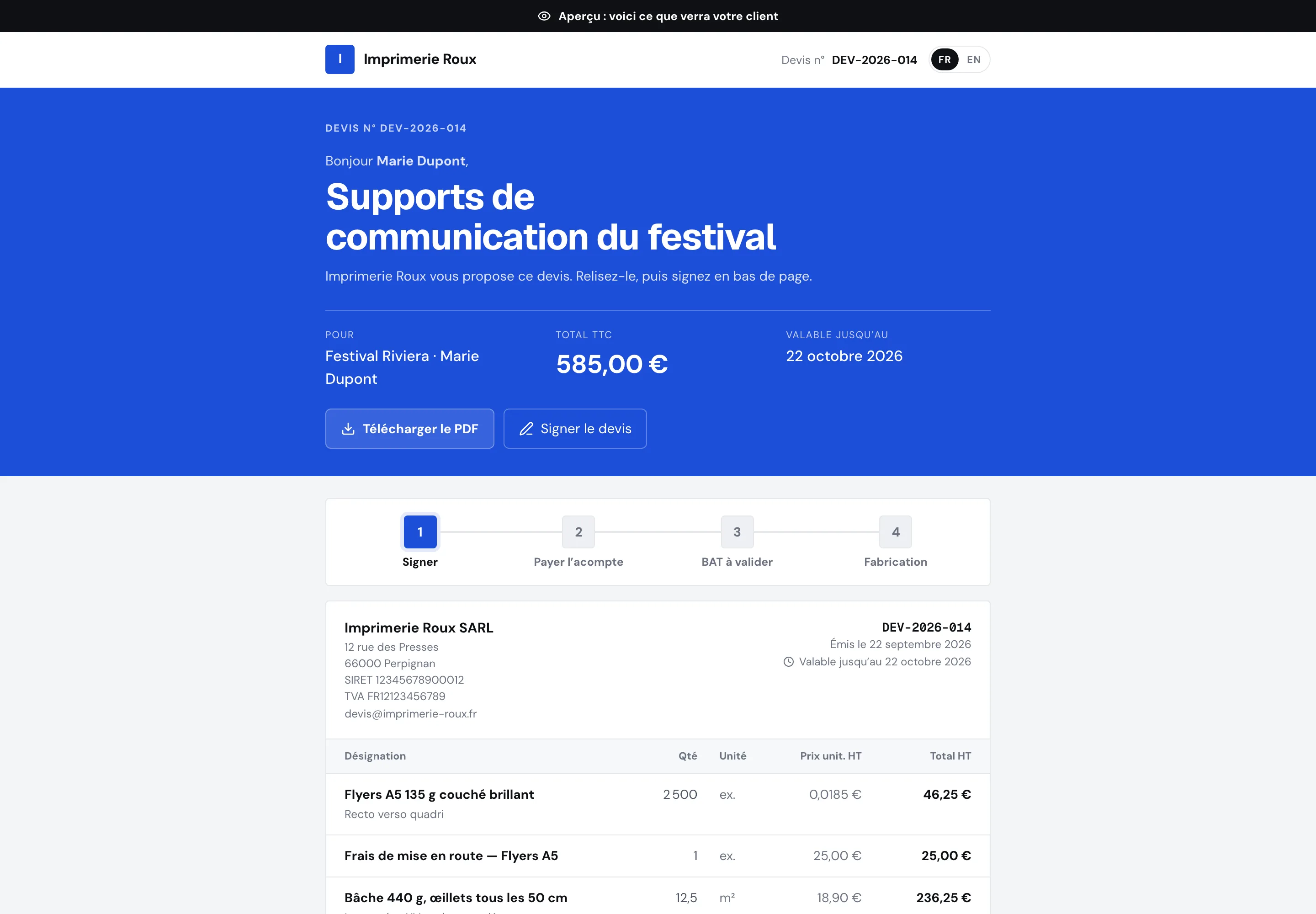 La page de devis que reçoit le client, à signer en ligne (données fictives)