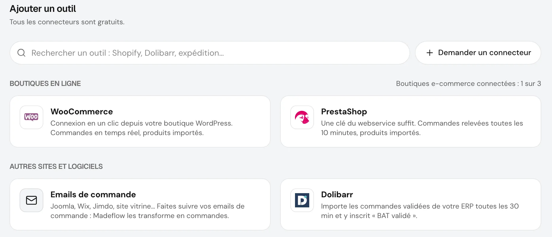 L’écran Intégrations de Madeflow : les connecteurs des boutiques et des outils de l’atelier (données fictives)
