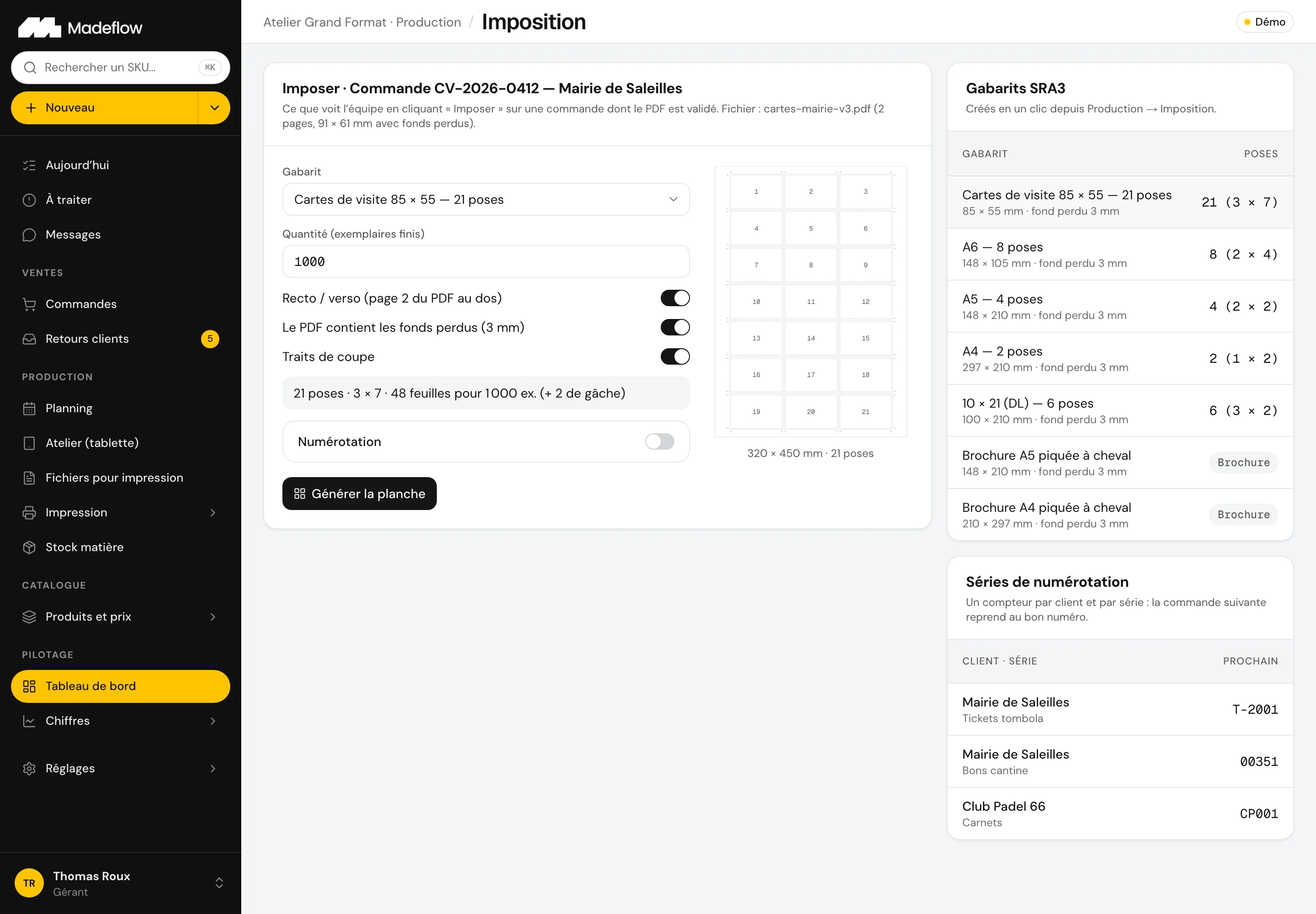 Module Imposition : gabarits SRA3, commande de 1 000 cartes et carnet de tickets numérotés (données fictives)