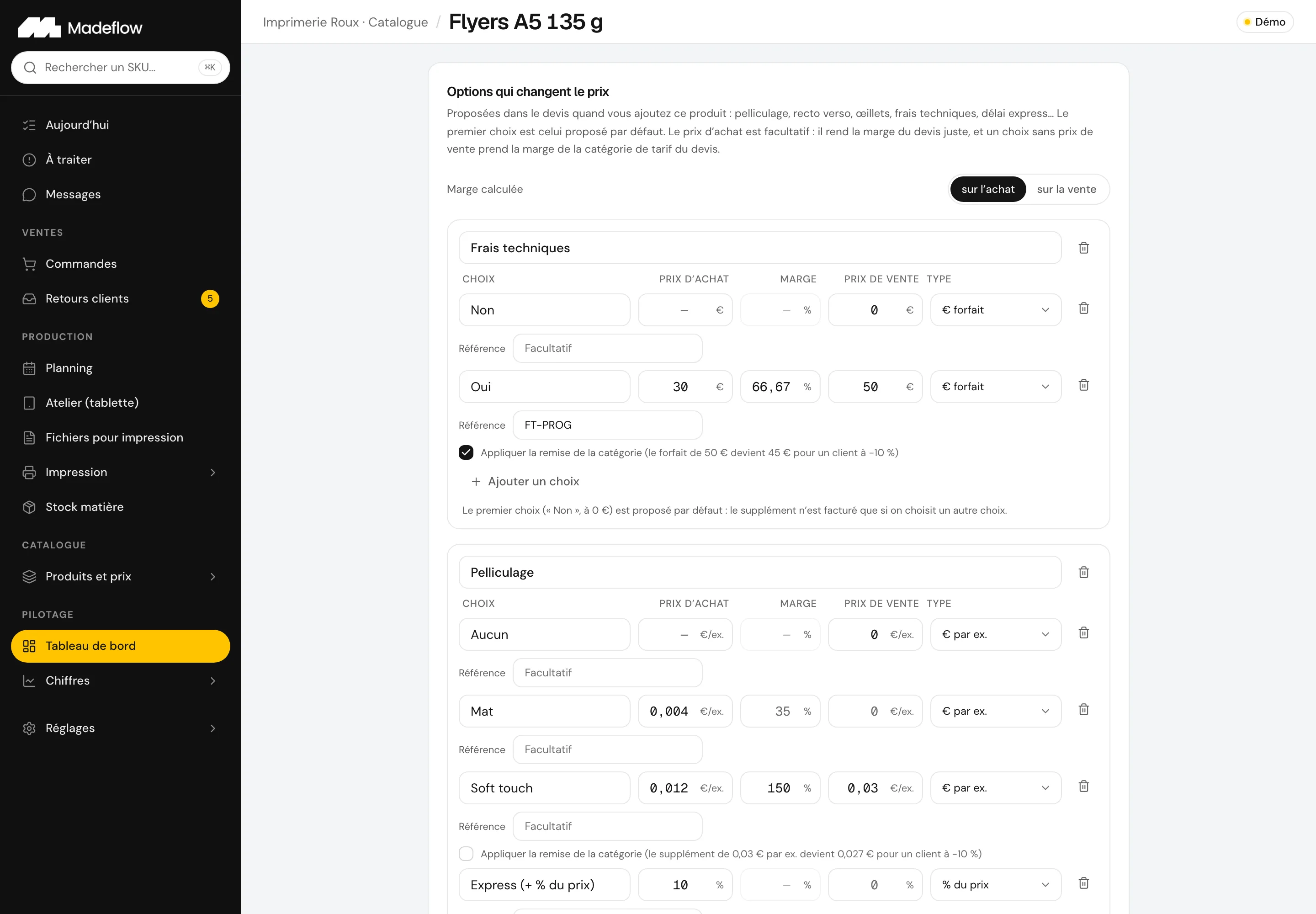 La fiche d’un produit et ses options qui changent le prix, avec prix d’achat et marge (données fictives)