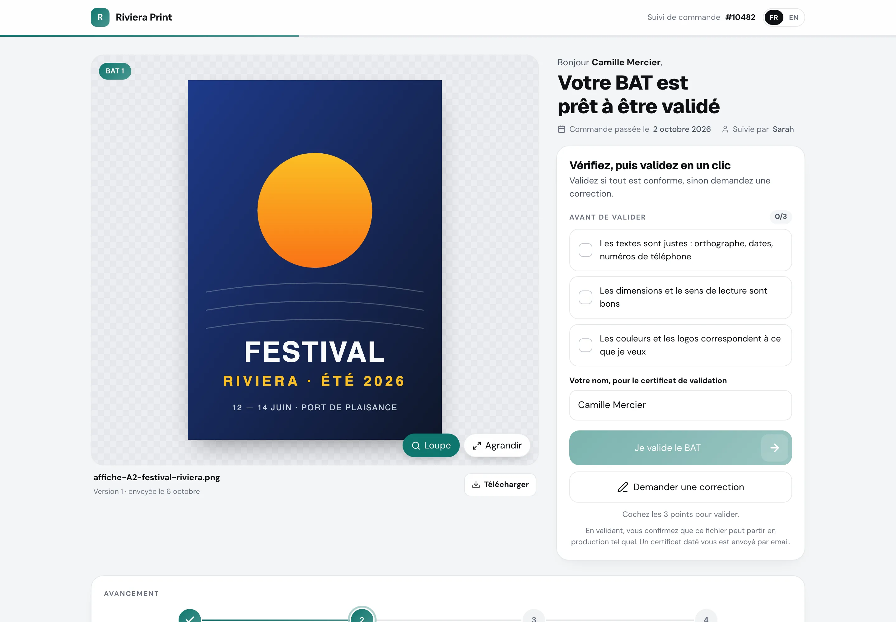 La page de validation du BAT que reçoit le client, avec un programme A5 (données fictives)
