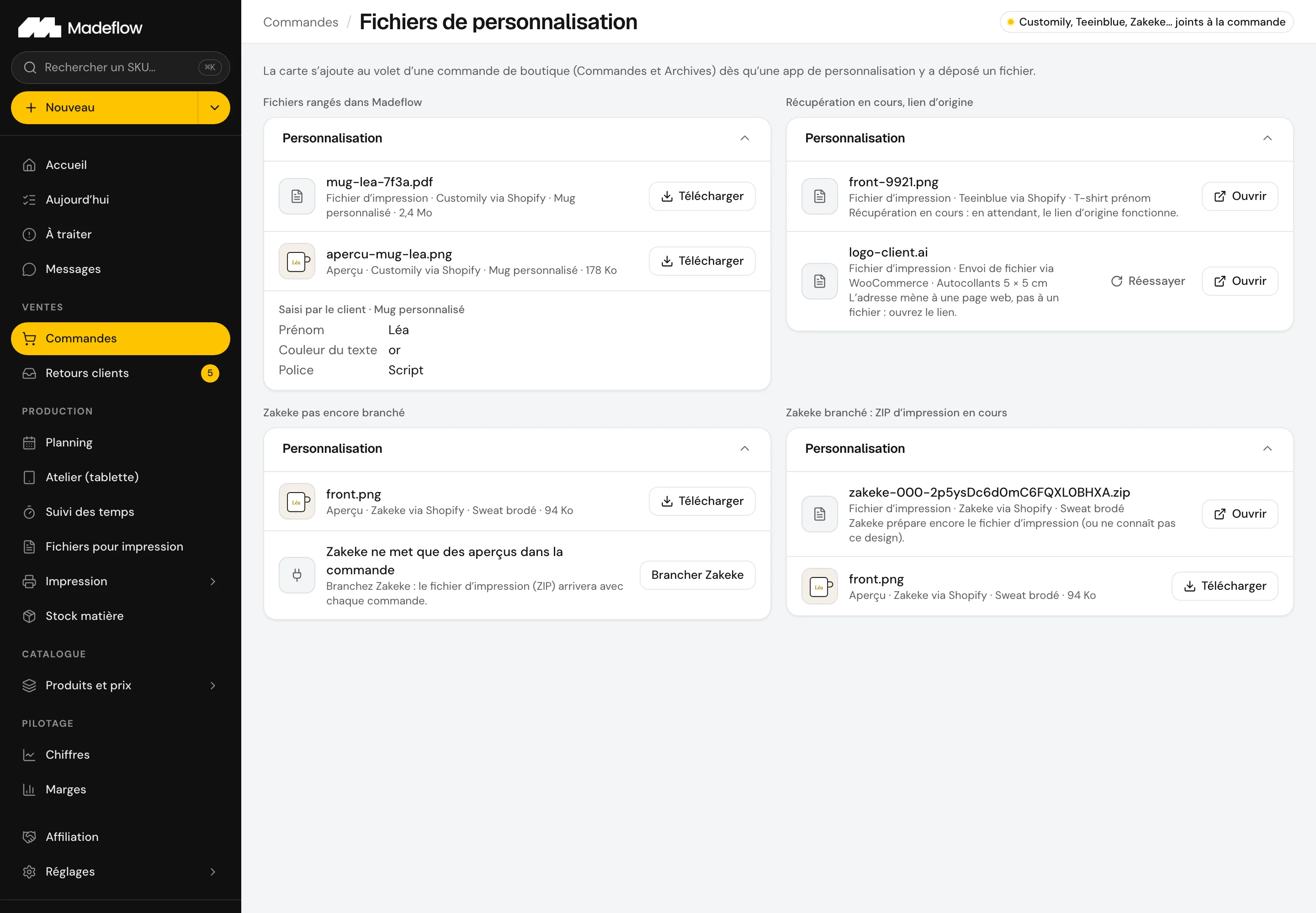 La carte « Personnalisation » d’une commande : le fichier du client arrivé avec la commande (données fictives)